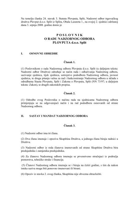Poslovnik o radu Nadzornog odbora Plovputa d.o.o. Split