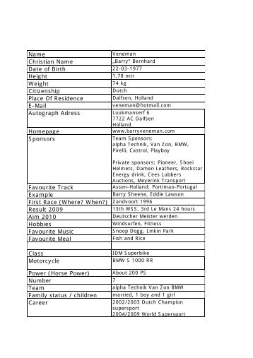 Name Christian Name Date of Birth Height Weight ... - alpha Technik