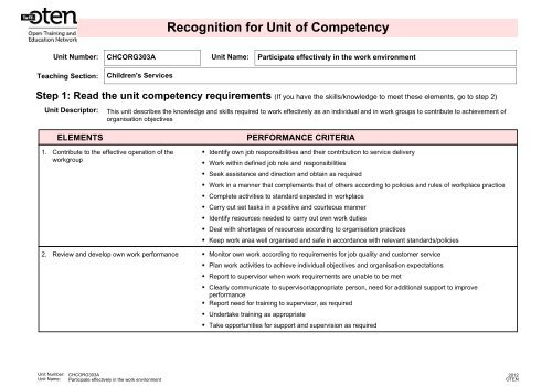 CHCORG303A - Participate effectively in the work environment - Oten