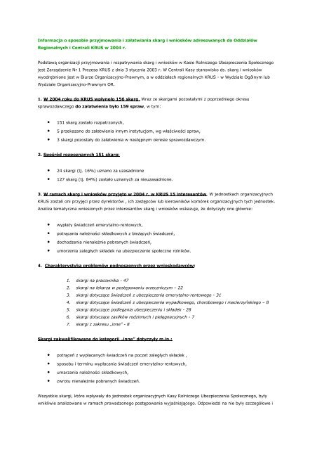 Skargi i wnioski kierowane do jednostek organizacyjnych KRUS w ...