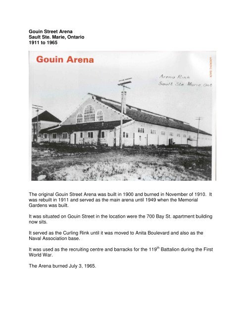 Gouin Street Arena Sault Ste Marie Ontario 1911 To 1965 The