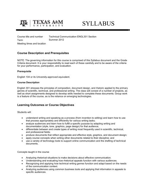 sample 301 syllabus Department of English Texas A M University sample 301 syllabus Department of English Texas A M University