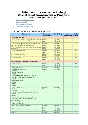 Informator o zasadach rekrutacji ZespÃ³Å SzkÃ³Å Zawodowych w ...