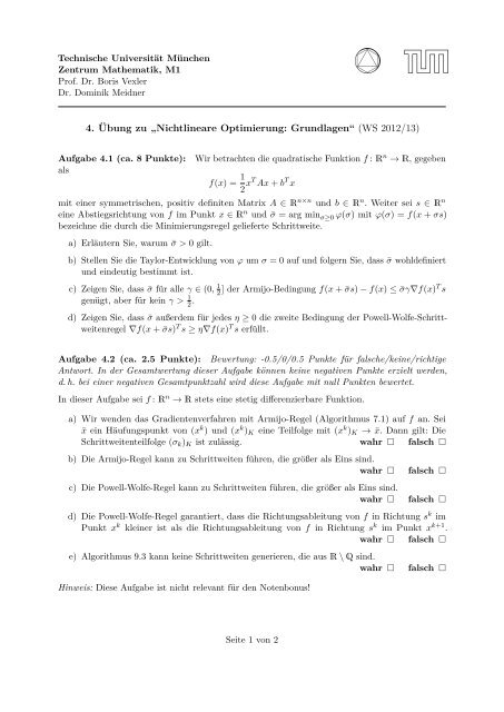 4. Ãbung zu âNichtlineare Optimierung: Grundlagenâ (WS 2012 ... - M1