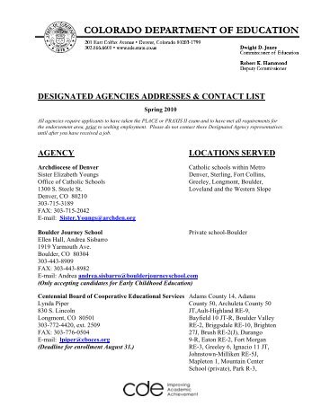 designated agencies addresses & contact list agency locations served