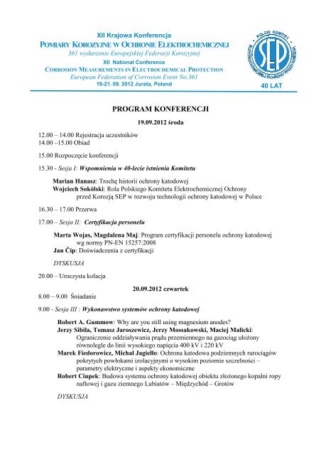 program konferencji - polski komitet elektrochemicznej ochrony ...