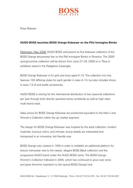 Wolf in schaapskleren Magnetisch Lounge Press Release HUGO BOSS launches BOSS ... - HUGO BOSS AG