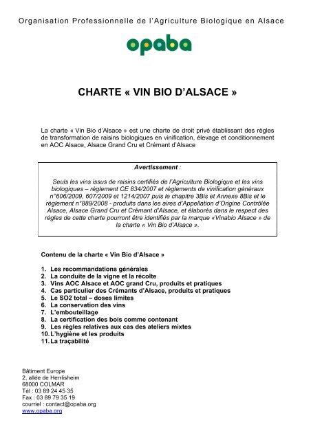 CHARTE « VIN BIO D'ALSACE » - Opaba