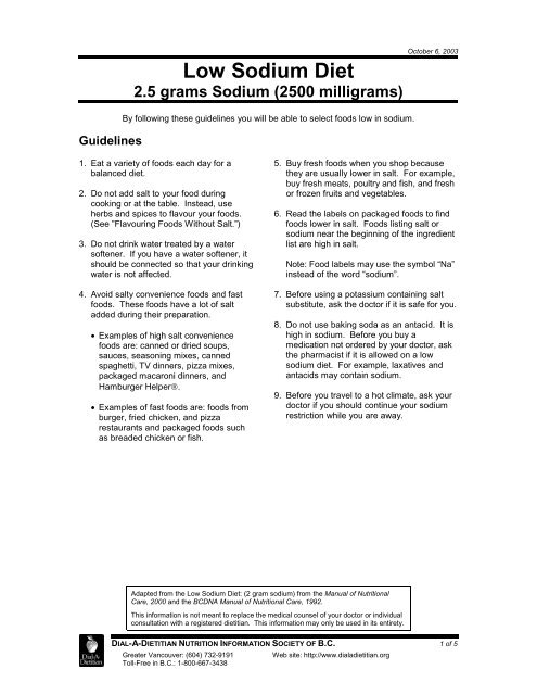 Low Sodium Diet: 2.5 grams Sodium (2500 ... - The Lung Centre