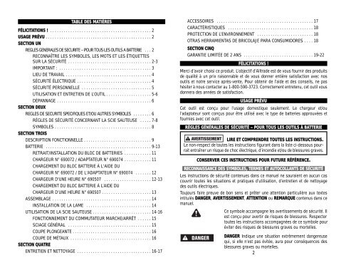 manuel d'instructions pour scie sauteuse sans fil ... - Alltrade Tools