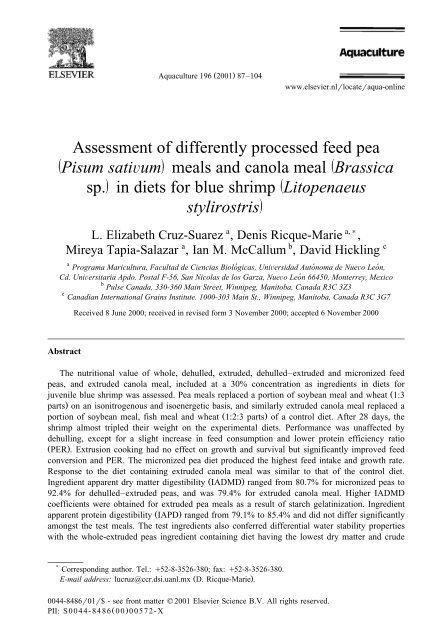 Processed feed pea and canola meal for blue shrimp diets