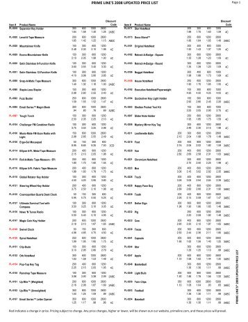 PRIME LINE'S 2008 UPDATED PRICE LIST