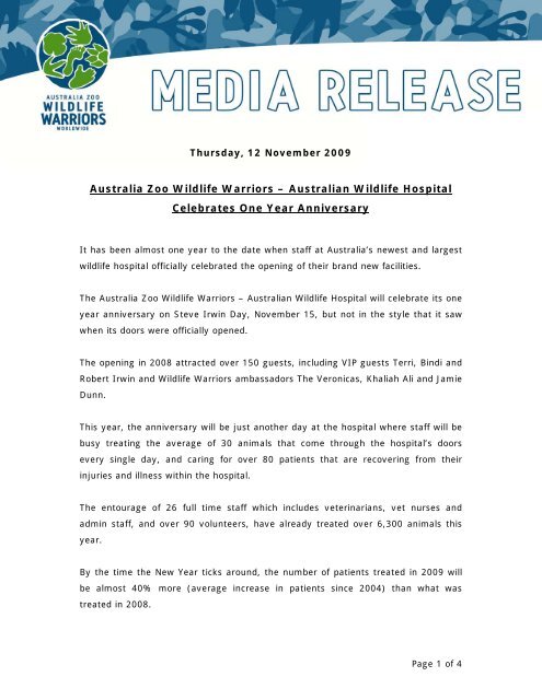 Australian Wildlife Hospital Celebrates One Year ... - Steve Irwin Day