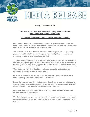 Australia Zoo Wildlife Warriors' Joey Ambassadors ... - Steve Irwin Day