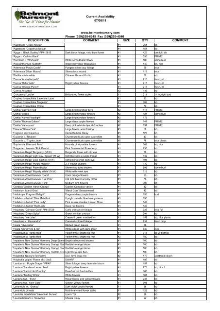 Availability 07 08 11 - Belmont Nursery