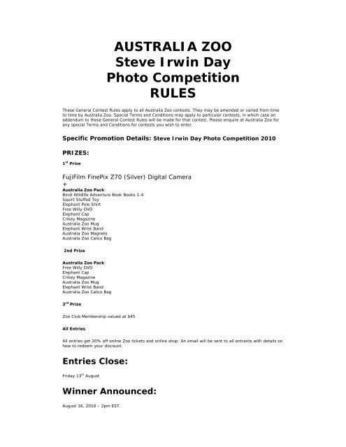 AUSTRALIA ZOO Steve Irwin Day Photo Competition RULES