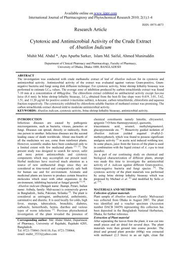 cytotoxic and antimicrobial activity of the crude extract of abutilon ...