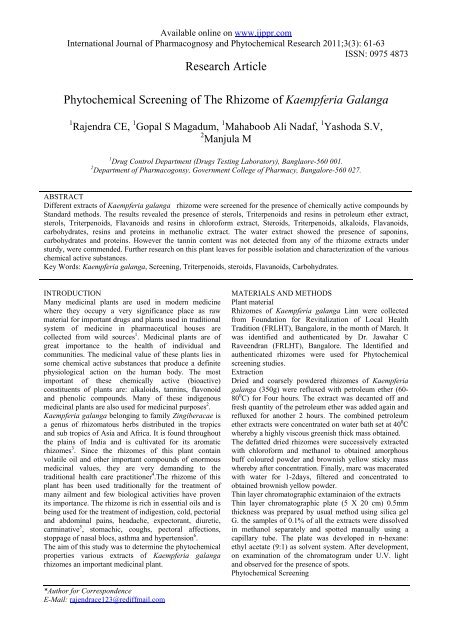 phytochemical screening of the rhizome of kaempferia galanga