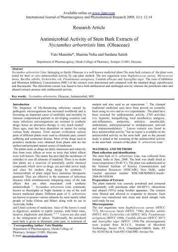 Antimicrobial Activity of Stem Bark Extracts of Nyctanthes arbortristis ...
