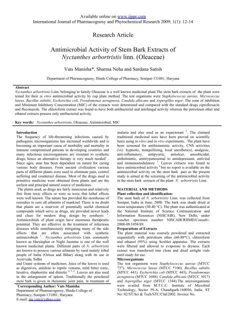 Antimicrobial Activity of Stem Bark Extracts of Nyctanthes arbortristis ...
