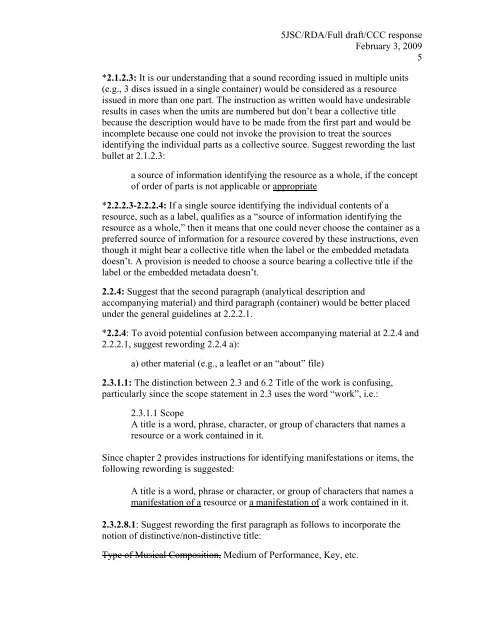 5JSC/RDA/Full draft/CCC response February 3, 2009 1 To: Joint ...