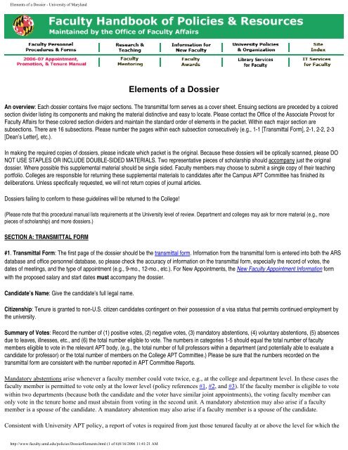 Elements of a Dossier - University of Maryland - Office of the Provost