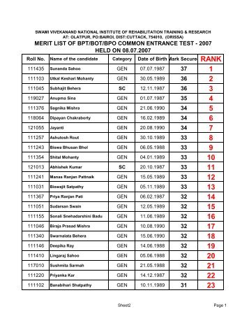 Merit-list CET-2007-BPT-BOT-BPO - National Institute of ...