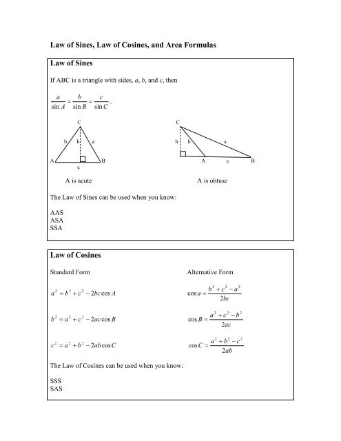 Law of Sines, Law of Cosines, and Area Formulas Law of Sines