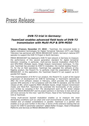 DVB-T2 trial in Germany: TeamCast enables advanced field tests of ...