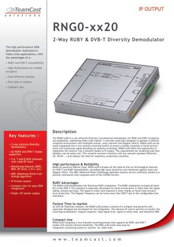 RNG0-xx20 2-Way RUBY & DVB-T Diversity Demodulator - Teamcast