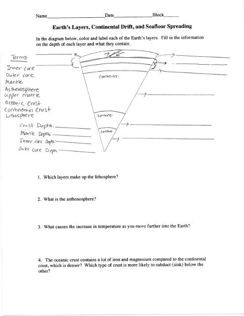 Earth S Layers Continental Drift And Seafloor Spreading Worksheet