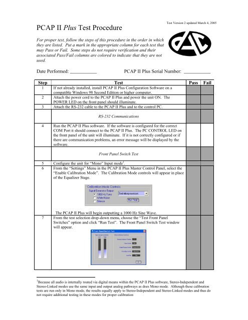 Pcap Program Form PCAP II Plus Test Procedure - Digital Audio Corporation