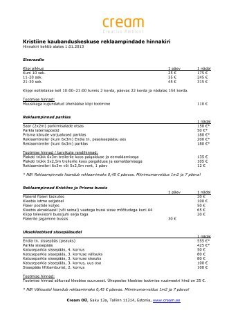 Kristiine kaubanduskeskuse reklaampindade hinnakiri - Cream OÃ