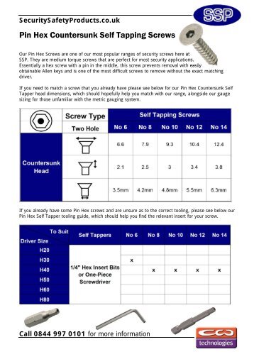 Pin Hex Countersunk Self Tapping Screws