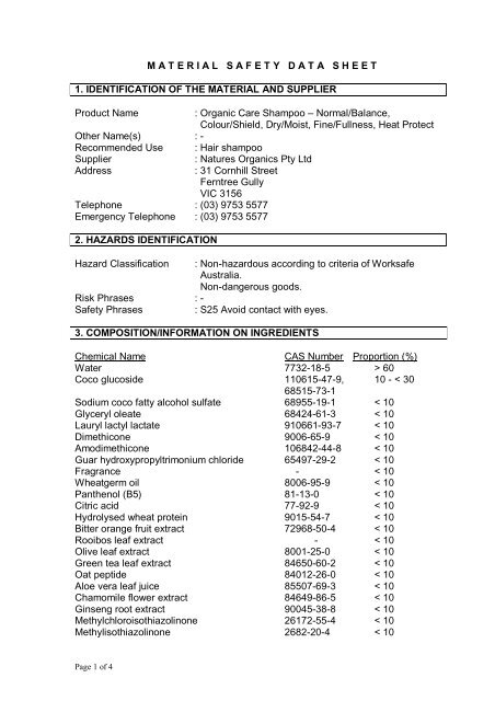 organic care shampoo msds - Natures Organics