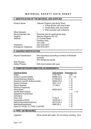 MSDS - Bath - SPA Bodywash Creme Brulee ... - Natures Organics