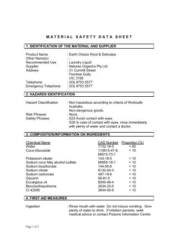 earth choice wool & delicates wash msds - Natures Organics