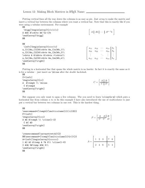 Lesson 12: Making Block Matrices in LATEX Name: