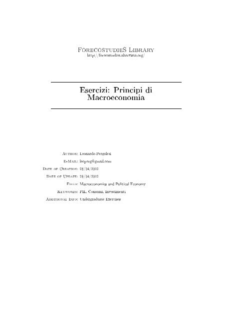 Esercizi: Principi di Macroeconomia - ForEcoStudies - Altervista