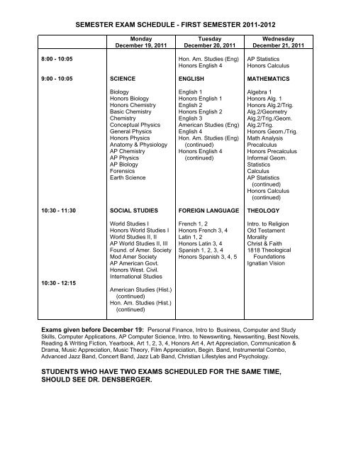 SEMESTER EXAM SCHEDULE - FIRST SEMESTER 2011-2012 ...