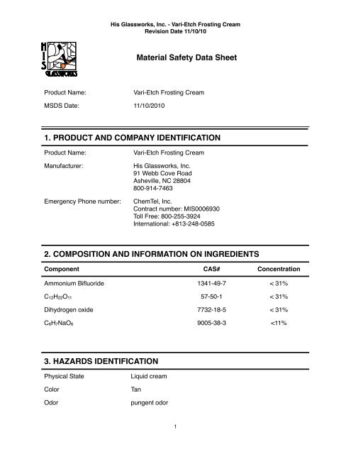 Vari-Etch Frosting Cream MSDS - His Glassworks