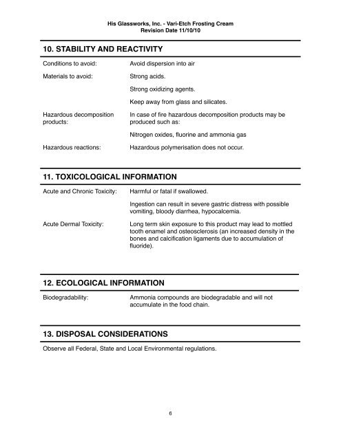 Vari-Etch Frosting Cream MSDS - His Glassworks