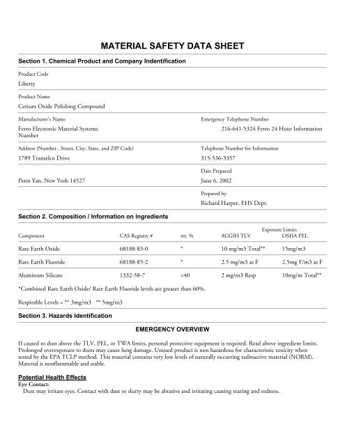 Liberty Cerium Oxide MSDS - His Glassworks