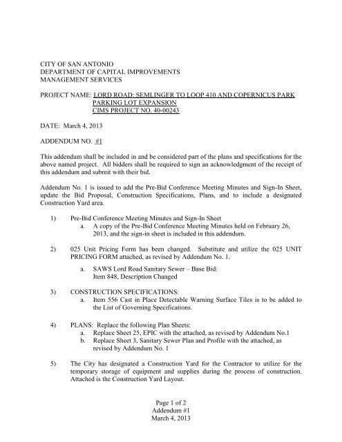 Addendum 1 - The City of San Antonio