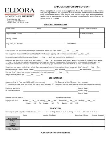 APPLICATION FOR EMPLOYMENT - Eldora Mountain Resort