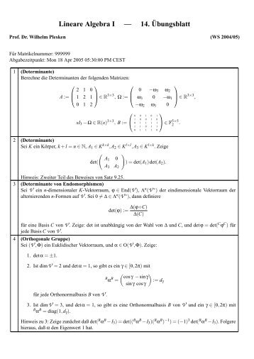 Lineare Algebra I â 14.Â¨Ubungsblatt