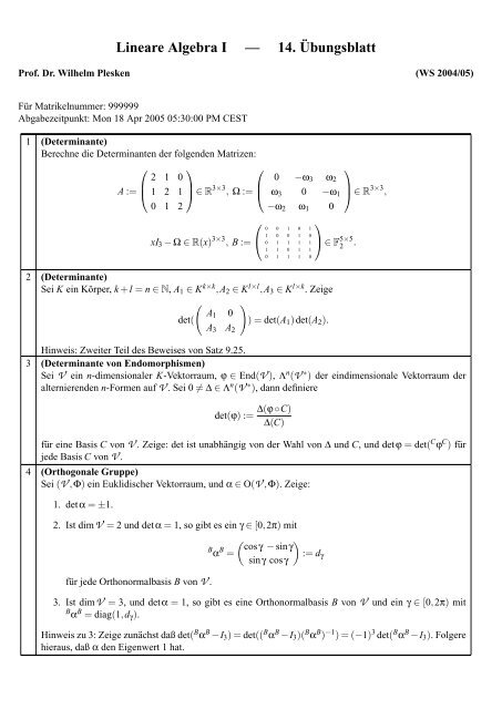 Lineare Algebra I â 14.Â¨Ubungsblatt