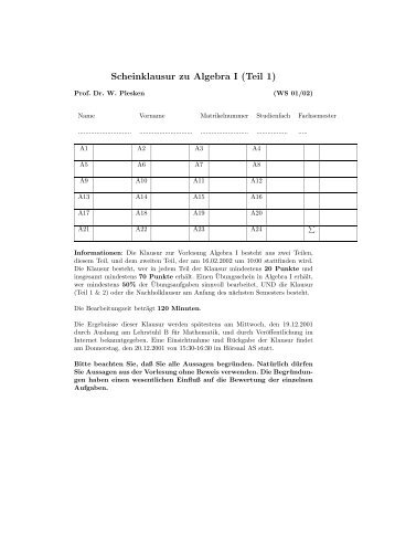 Scheinklausur zu Algebra I (Teil 1) - Lehrstuhl B fÃ¼r Mathematik