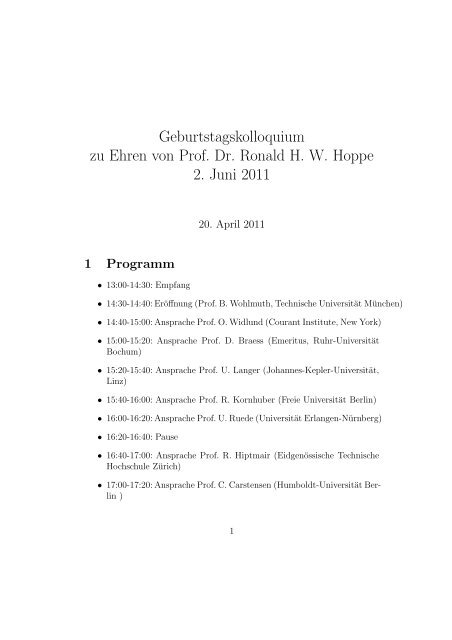 Geburtstagskolloquium zu Ehren von Prof. Dr. Ronald HW Hoppe 2 ...