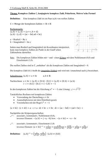 Komplexe Zahlen , konjugierte komplexe Zahl, Polarform, Moivre ...
